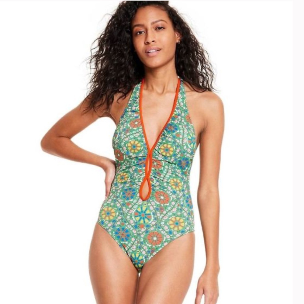 RHODE Green Mosaic Halter One-Piece Swimsuit with Orange Trim